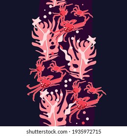 seamless pattern with crab and algae, vector design for paper, fabric and other surfaces