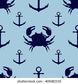 Seamless pattern with crab and anchor on blue background. Vector illustration.