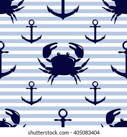 Seamless pattern with crab and anchor on striped background. Vector illustration.