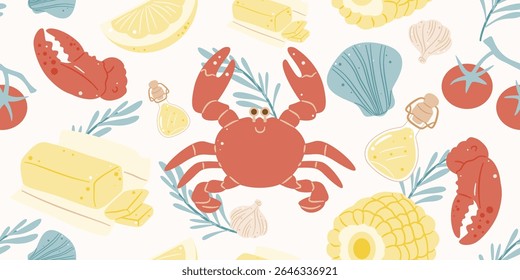 Seamless pattern with crab, butter, corn, and herbs. Ideal for seafood menu, banner, background, or kitchen design.