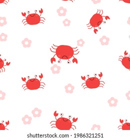 Seamless pattern with crab cartoons and daisy flower on white background vector illustration.
