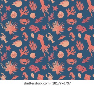 Seamless pattern with crab, corals, shells, seaweed, squid, starfish, lobster, zebra lionfish. Vector design of sea life for fabric, textile, wallpaper, print