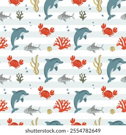 Seamless pattern with crab, dolphin. Cute marine animals. Cartoon sea. Background with underwater characters.