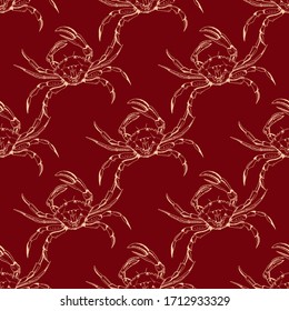 Seamless pattern of a crab. Lash Lava. Doodle hand-draw illustrations in vector. Design for background, packaging, weddings, fabrics, textiles, wallpaper, website, postcards.