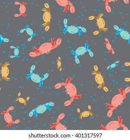 Seamless pattern of crab on grey background.