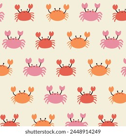 Seamless pattern with crab on soft yellow background.