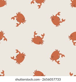 Seamless pattern with crab. Sea character. For design, fabric, wrapping, cards, textile, wallpaper, apparel. Isolated vector cartoon illustration in flat style.