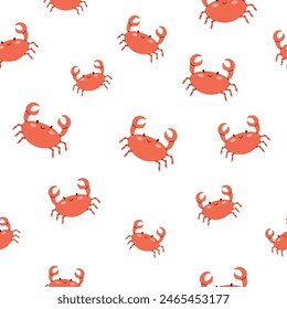 Seamless pattern with crab. Sea cute inhabitant. Vector illustration in flat style. Cute minimalistic pattern. For textiles and packaging. White isolated background.