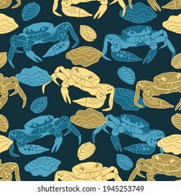 seamless pattern with crab and sea shell, vector design for paper, fabric and other surfaces.

