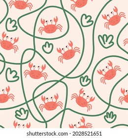 Seamless pattern with crab in seaweed on a beige background. Vector flat illusion