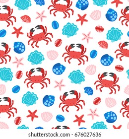 Seamless pattern with crab, shell and starfish on white background