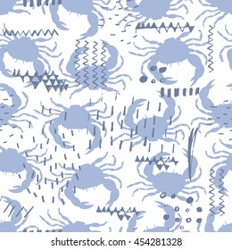 Seamless pattern with crab symbols and hand drawn textures. Can be used for invitations, greeting cards, print, gift wrap.