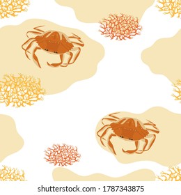 Seamless pattern with crabs, algae ans sand spots. Colorful ocean and sea creatures.