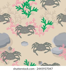 seamless pattern with crabs, corals and stones on a beige background. vector graphics