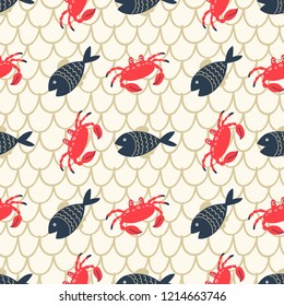 seamless pattern with crabs and fish in nautical vintage style
