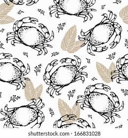 Seamless pattern with crabs and leafs