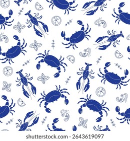 Padrão sem costura com lagostas de caranguejos e camarões em frutos do mar mediterrâneo de estilo plano no fundo branco