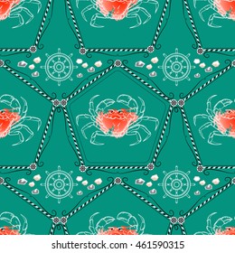 Seamless pattern  with crabs and nautical accessories on aquamarine background. Vector  marine ornament.