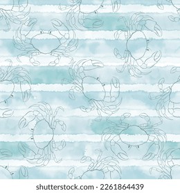 Nahtloses Muster mit Krabben auf blauem Hintergrund.  Handgezeichnete Vektorgrafik. Perfekt für Tapete, Verpackung, Stoff und Textilien. Monochrom.