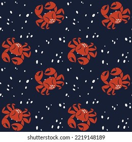 Seamless pattern with crabs on a dark background for printing on packaging, textile products. Ingredient for the culinary menu. Seafood delicacy. Illustration in flat cartoon graphic style.