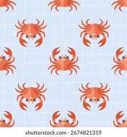 Seamless pattern with crabs on a soft grid background. Summer repeating seafood pattern. Mediterranean coastal design background.