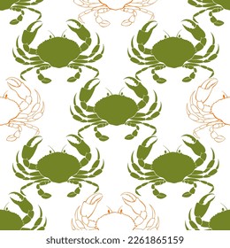 Seamless pattern with crabs on white background.  Hand drawn vector illustration. Perfect for wallpaper, wrapping, fabric and textile. Monochrome.