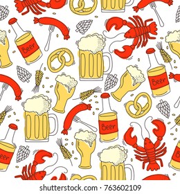 Seamless pattern with crabs, sausage, beer, hop and grain. Vector background in style doodle for october fest. 
