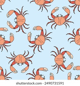 Nahtloses Muster mit Krabben. In: Sea Life Ornament. Handgezeichneter Hintergrund oder Bildschirmhintergrund. Textur des Restaurants mit Meeresküche. Dekoration im Ozean oder Meeresfrüchte-Hintergrund. Vektorillustration