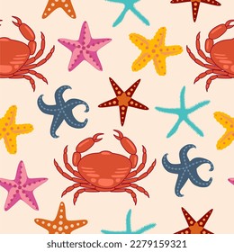 Seamless pattern with crabs and seastars. Nautical children's pattern. Vector art