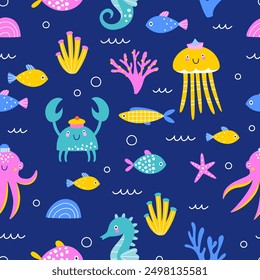 Seamless pattern with crabs, seaweed, jellyfish, octopus, seahorse and marine life. Vector illustration