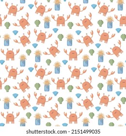 Seamless pattern with crabs, shells and anemones. vector illustration