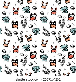 Seamless pattern with crabs and shells. Marine pattern. Vector illustration