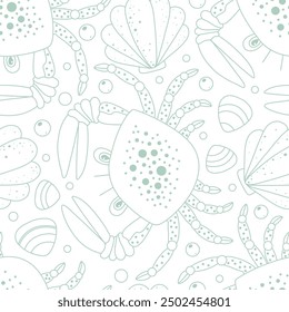 Seamless pattern. Crabs and shells. Seafood delicacies. In outline style. Background in marine style. Coloring book. Suitable for prints, decor, wallpaper, wrapping paper, scrapbooking, etc.