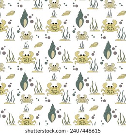 Seamless pattern with crabs, shells and seaweed