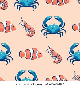 Seamless pattern with crabs, shrimps and fish. Nautical style background. Vector illustration.