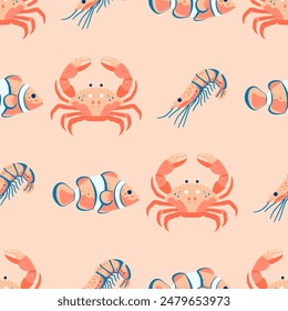 Seamless pattern with crabs, shrimps and fish. Nautical style background. Vector illustration.