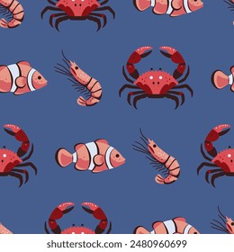 Seamless pattern with crabs, shrimps and fish. Nautical style background. Vector illustration.