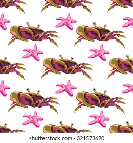 Seamless pattern with crabs and starfish. Vector  illustration