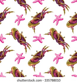Seamless pattern with crabs and starfish. Vector  illustration
