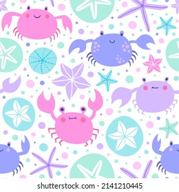 Seamless pattern with crabs and starfishes. Vector background in trendy colors.