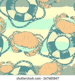 Seamless pattern with crabs. Vintage background. Nautical hand illustrate