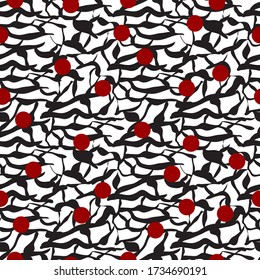 Seamless pattern cracked clay ground or soil, black abstract thin and thick lines and strokes, thorns, dry barb, red dots, berry. Repeat ornament design for textile fabric, wrapping paper, background.