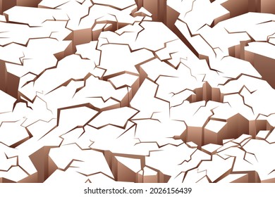 Seamless pattern of cracked ground texture with holes and fissures. Repeating broken earth background. Fractured land surface with clefts and hollows. Realistic colored flat vector illustration