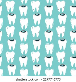 Seamless pattern of a cracked tooth with decay. Cartoon stomatology repeat background. Dental children digital paper for wallpaper, textile, fabric design