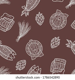 Seamless pattern with craft beer mug with foam, bavarian barrel, dry fish, hop and barley for retro bar design