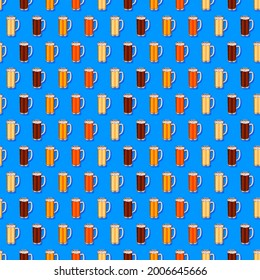 Seamless pattern with craft beer in beer mugs. Light and dark beer, ale and lager in cartoon style. Beer day. Vector illustration isolated on blue background. Seamless background