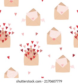 Seamless pattern with craft envelopes. Postcards and hearts. Festive heart confetti. Valentine's day vector illustration for design.