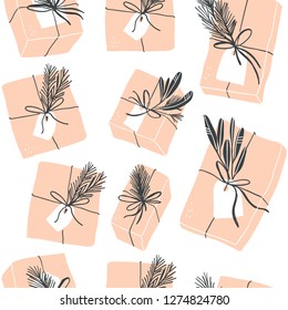 Seamless pattern with craft gift boxes, herbs and tags. Beautiful present box for birthday. Stylish packaging. Christmas gift box. Colorful wrapped gift boxes. Scandinavian hygge gift