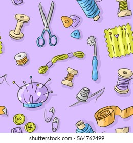 Seamless pattern with craft, sewing, needlework, thread, scissors, buttons, needles, needle bar