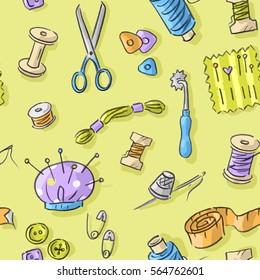Seamless pattern with craft, sewing, needlework, thread, scissors, buttons, needles, needle bar
